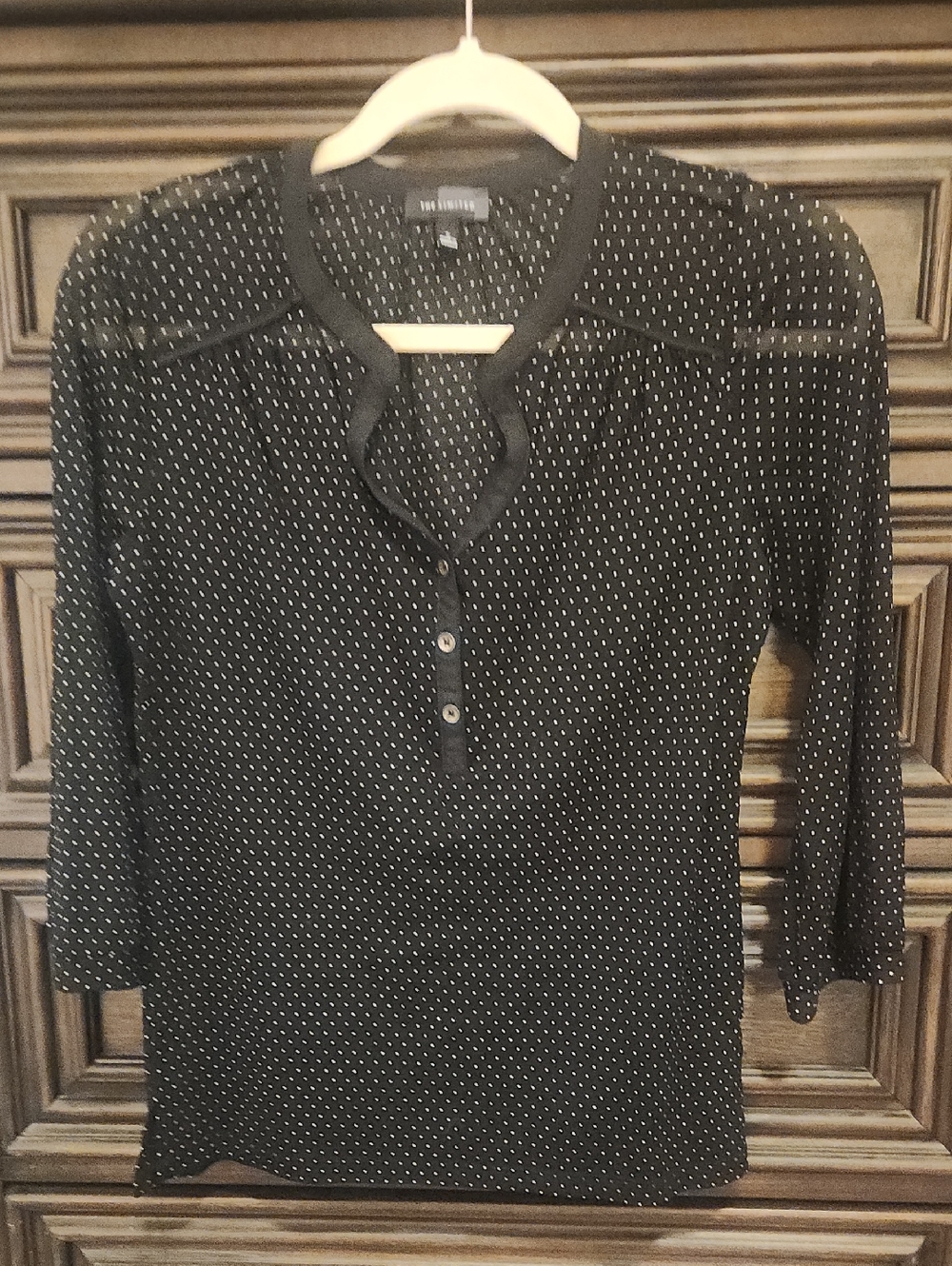 The Limited Black Polka Dot 3/4 Sleeve Henley Blouse